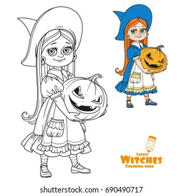 Cute girl in witch costume holding a large pumpkin carved with a grin color and outlined for coloring page