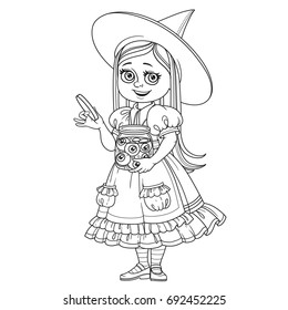 Cute girl in witch costume holding a big jar with eyes outlined for coloring page