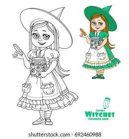 Cute girl in witch costume holding a big jar with eyes color and outlined for coloring page