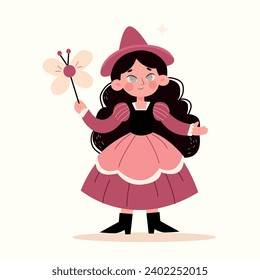 Cute girl in witch costume with magic wand. Vector illustration.