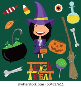 Cute girl in witch costume and magic tools. Halloween objects and candies icon set. 