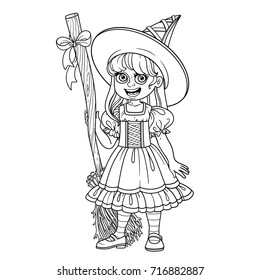 Cute girl in witch costume outlined for coloring page