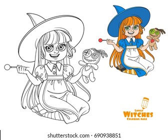 Cute girl in witch costume sitting on the floor and plays with a voodoo doll and big needle color and outlined for coloring page