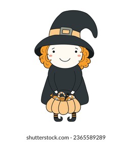 Muchacha linda con bruja en ilustración de personaje de disfraces de Halloween. Diseño artístico de línea de estilo kawaii dibujado a mano, vector aislado. Elemento de impresión estacional infantil, truco o tratamiento, fiesta de vacaciones de otoño