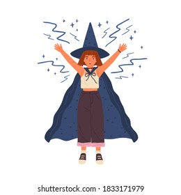 Cute girl in witch hat and cloak conjures. Young female wizard or sorcerer casts spell with raised hands. Young magician with red hair. Flat vector cartoon illustration isolated on white