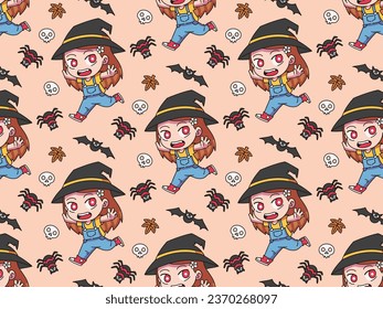 cute girl with witch hat and magical halloween properties included bat, skull, leaves, and spider