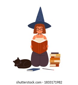 Cute girl in witch hat read magic book. Portrait of young female wizard or sorcerer. Little mage studying wizardry sitting near black cat. Flat vector cartoon illustration isolated on white background