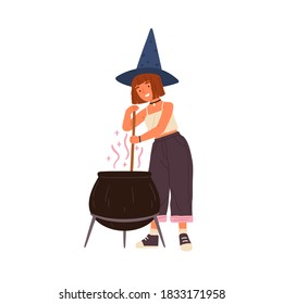 Cute girl in witch hat stirring potion in pot. Female wizard preparing magical potion. Young happy magician with red hair. Flat vector cartoon illustration isolated on white