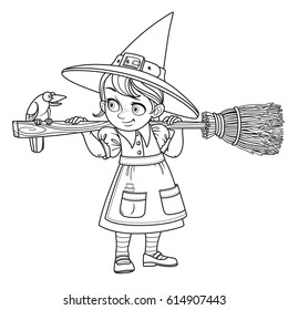 Cute girl witch holding broom and a talking with raven outlined on a white background