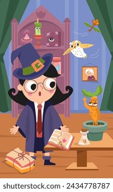 Cute girl witch with magic wand in wizard school. Interior with objects, spiders and monsters, castle with old furniture. Scene for design. Vector illustration.