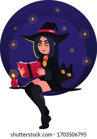 Cute girl witch reading a book with a candle against a dark starry sky, behind her cat with yellow eyes