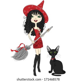 Cute Girl witch in red hat and dress with black cat