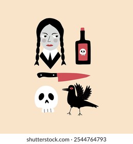 Cute girl witch, scull, black raven, bottle of poison and knife hand drawn vector illustration. Isolated spooky Halloween elements in flat style for kids poster, icon or logo