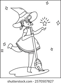 The cute girl in a witch suit goes forward holding a broom for flights on her shoulder color and outlined for the coloring page