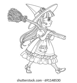 Cute girl in witch suit goes forward holding a broom for flights on her shoulder outlined for coloring page