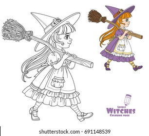 Cute girl in witch suit goes forward holding a broom for flights on her shoulder color and outlined for coloring page