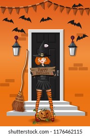 Cute girl in a witch suit near a house decorated to Halloween. Cute witch congratulates with Halloween. Vector illustration