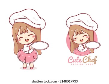 Cute girl woman chef hold empty plate logo