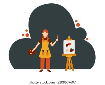 cute girl or woman painting with canvas medium, painter apron, brush, and palette. hobbies flat vector illustration for poster, banner, web design element