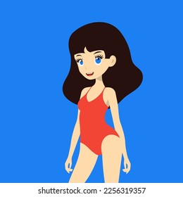 Cute girl, woman in red swimsuit. Cartoon character. Vector illustration