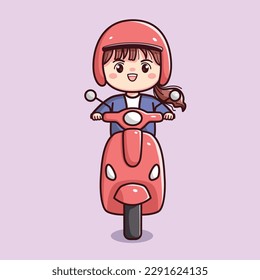 Cute girl or woman riding motorcycle scooter flat outline character cartoon chibi kawaii