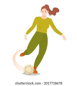 A cute girl or woman in sportswear kicks the ball. Sports vector illustration. Player playing European football, soccer. Women's football (soccer).