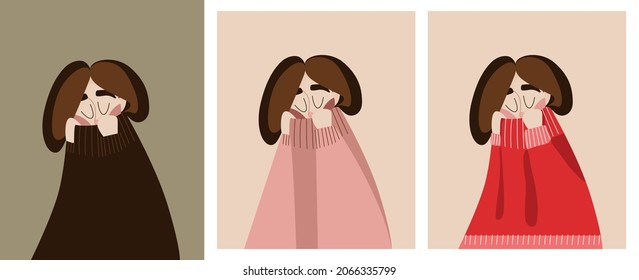 Cute girl woman warms her nose in a big oversize sweater with different colors. Brown, pink and red sweater. Brown hair. Illustration for winter or autumn card, greeting card, postcard, poster.