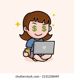 Cute girl won money concept. Woman drinks tea at a laptop and sits in a lotus position. Freelancer comfortable work sticker.