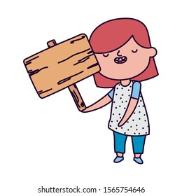 cute girl with wooden sign on white background vector illustration