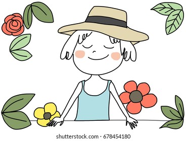 Cute girl wore wide-brimmed hat standing among the flowers and the leaves. Woman smiling and beaming in the midst of flowers. Vector illustration with hand-drawn style.