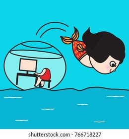 Cute Girl Worker In Goldfish Shape Jumping Out Of Work Office Tank To Sea. Freedom Concept Card Character illustration