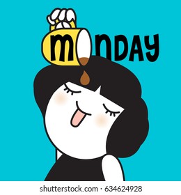 Cute Girl Worker Hope for Coffee Licking Last Drop On Monday Concept Card Character illustration