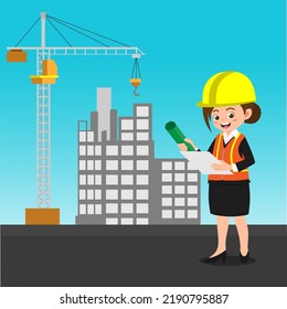 Cute Girl Working As Engineer, Background in Separated Layer For Easy Editing