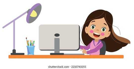 cute girl working with his computer at the table