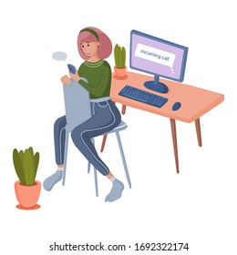 Cute girl working from home due to coronavirus quarantine. Or educating online. Siting in comfortable chair. Vector concept