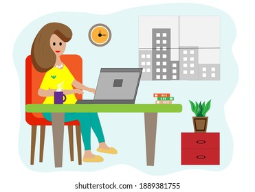 Cute girl working at a laptop in the room from home.  Home office. Vector illustration in flat style.