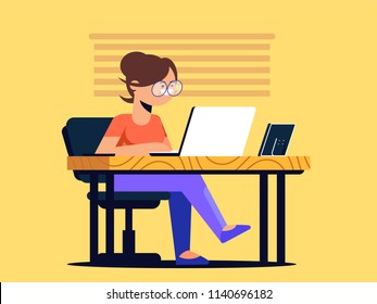 Cute girl working in the office/room on the laptop with a warm background illustration
