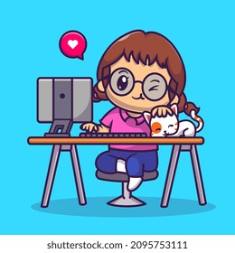 Cute Girl Working On Computer With Cat Cartoon Vector Icon Illustration. People Technology Icon Concept Isolated Premium Vector. Flat Cartoon Style