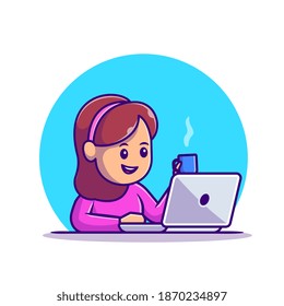 Cute Girl Working On Laptop With Cup Coffee Cartoon Vector Icon Illustration. People Technology Icon Concept Isolated Premium Vector. Flat Cartoon Style