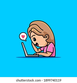 Cute girl working on laptop cartoon illustration