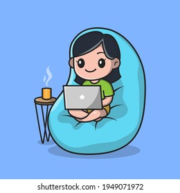 Cute Girl Working On Laptop Cartoon Vector Icon Illustration. People Technology Icon Concept Isolated Premium Vector. Flat Cartoon Style