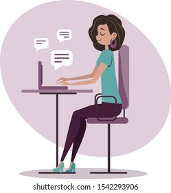 Cute girl works at a computer in a flat style. Girl and laptop in violet colors.