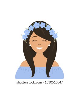 Cute girl in a wreath of blue flax flowers on her head. Vector illustration on a white background