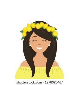 Cute girl in a wreath of dandelions on her head. Vector illustration on a white background