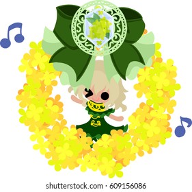 A cute girl and a wreath of yellow flowers