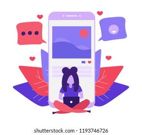 Cute girl write post in social media. Photo video blog concept. Woman leave good review for site  or service. Writing comments. Mobile technology. Modern flat vector illustration.