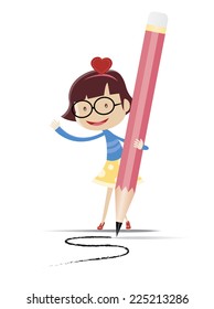 A cute girl writing by using the big pencil