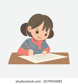 Cute Girl Writing at Desk Vector Illustration. A charming illustration of a young girl diligently writing at her desk, perfect for educational themes and back-to-school projects