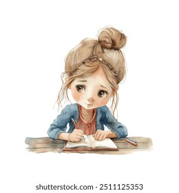 cute girl writing the diary vector illustration in watercolor style