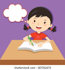 Cute Girl Writing At Her Desk. Vector Illustration Of A Little Girl Writing And Thinking.